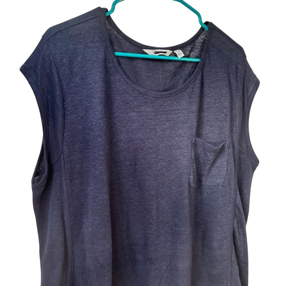 Athleta Top XL Newport Linen Tee Shirt Scoop Neck Pocket Navy Blue Casual Lounge - Picture 3 of 9